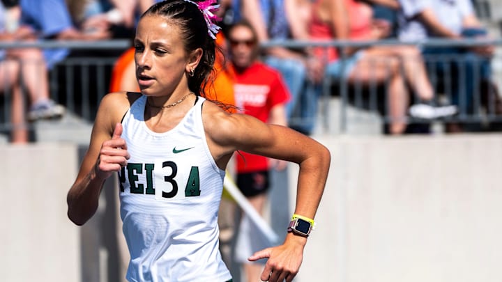 Pella's Marissa Ferebee runs the 3A 3000 meter final during the Iowa high school state track and field meet at Drake Stadium on Thursday, May 16, 2024, in Des Moines.