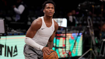 Jan 6, 2025; Brooklyn, New York, USA; Indiana Pacers guard Bennedict Mathurin (00) warms up before a game against the Brooklyn Nets at Barclays Center. Mandatory Credit: Brad Penner-Imagn Images