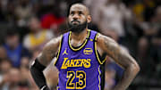 Apr 9, 2025; Dallas, Texas, USA; Los Angeles Lakers forward LeBron James (23) during the game between the Dallas Mavericks and the Los Angeles Lakers at American Airlines Center. Mandatory Credit: Jerome Miron-Imagn Images