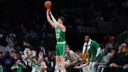 Apr 12, 2024; Boston, Massachusetts, USA; Boston Celtics forward Drew Peterson (13) shoots for three points against the Charlotte Hornets in the second half at TD Garden. Mandatory Credit: David Butler II-USA TODAY Sports