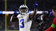 Nov 30, 2023; Arlington, Texas, USA; Dallas Cowboys wide receiver Brandin Cooks (3) celebrates after scoring a touchdown against the Seattle Seahawks during the first half at AT&T Stadium.