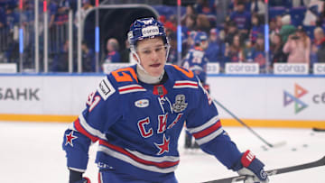 Ivan Demidov (91) of SKA Hockey Club seen in action during...