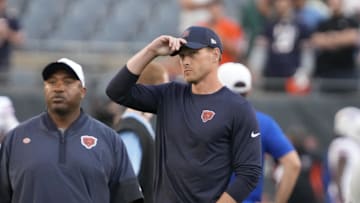 Aug 17, 2025; Chicago, Illinois, USA; Chicago Bears head coach Ben Johnson on the field before a game against the Buffalo Bills at Soldier Field. Mandatory Credit: David Banks-Imagn Images