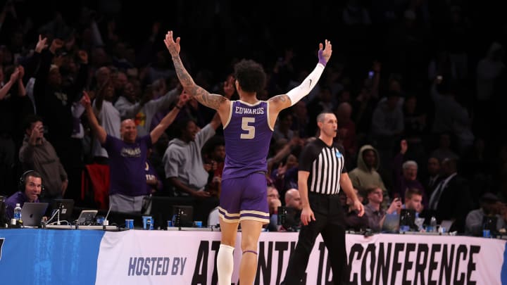 Mar 22, 2024; Brooklyn, NY, USA;James Madison Dukes guard Terrence Edwards Jr. (5) reacts after defeating the Wisconsin Badgers in the first round of the 2024 NCAA Tournament at the Barclays Center. Mandatory Credit: Brad Penner-USA TODAY Sports