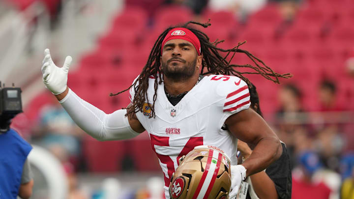 Sep 28, 2025; Santa Clara, California, USA; San Francisco 49ers middle linebacker Fred Warner (54) before the game against the Jacksonville Jaguars at Levi's Stadium. Mandatory Credit: Darren Yamashita-Imagn Images