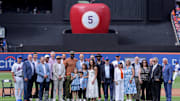 New York Mets former third baseman David Wright poses for a photo with family and friends after his number retirement ceremony before a game against the Cincinnati Reds at Citi Field. 
