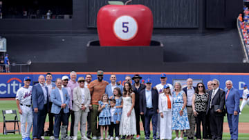 New York Mets former third baseman David Wright poses for a photo with family and friends after his number retirement ceremony before a game against the Cincinnati Reds at Citi Field. 