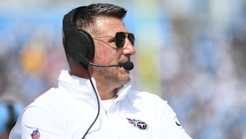 Sep 17, 2023; Nashville, Tennessee, USA; Tennessee Titans head coach Mike Vrabel looks on from the sideline during the first half against the Los Angeles Chargers at Nissan Stadium. Mandatory Credit: Christopher Hanewinckel-Imagn Images