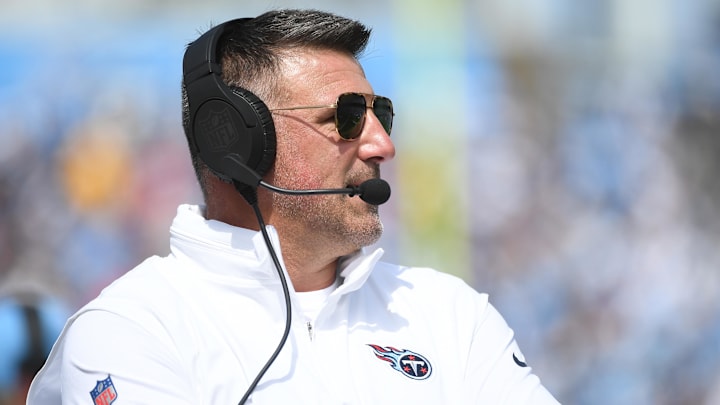 Sep 17, 2023; Nashville, Tennessee, USA; Tennessee Titans head coach Mike Vrabel looks on from the sideline during the first half against the Los Angeles Chargers at Nissan Stadium. Mandatory Credit: Christopher Hanewinckel-Imagn Images