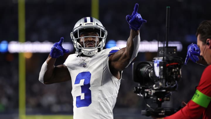 Nov 30, 2023; Arlington, Texas, USA; Dallas Cowboys wide receiver Brandin Cooks (3) celebrates after scoring a touchdown against the Seattle Seahawks during the first half at AT&T Stadium. Mandatory Credit: Tim Heitman-USA TODAY Sports