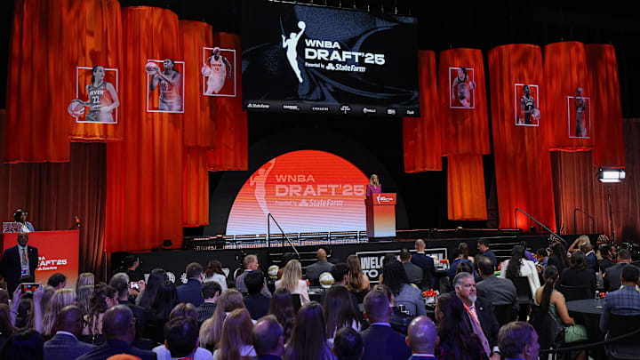 Apr 14, 2025; New York, New York, USA; WNBA commissioner Cathy Engelbert during the 2025 WNBA Draft at The Shed at Hudson Yards. Mandatory Credit: Vincent Carchietta-Imagn Images
