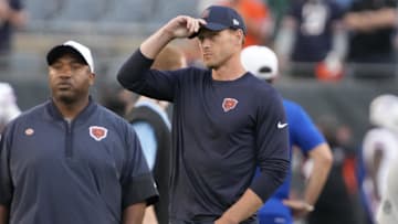 Aug 17, 2025; Chicago, Illinois, USA; Chicago Bears head coach Ben Johnson on the field before a game against the Buffalo Bills at Soldier Field.