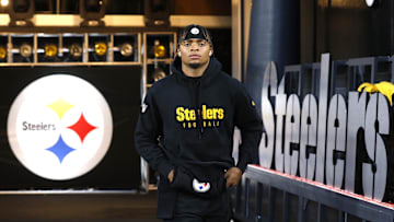 Oct 28, 2024; Pittsburgh, Pennsylvania, USA;  Pittsburgh Steelers quarterback Justin Fields (2) takes the field to warm up before the game against the New York Giants at Acrisure Stadium. Mandatory Credit: Charles LeClaire-Imagn Images