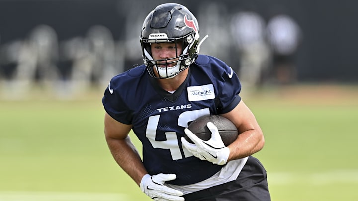 Jun 10, 2025; Houston, TX, USA; Houston Texans tight end Luke Lachey (42) participates in a drill during an NFL football minicamp at NRG Stadium. Mandatory Credit: Maria Lysaker-Imagn Images 