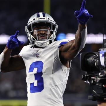 Nov 30, 2023; Arlington, Texas, USA; Dallas Cowboys wide receiver Brandin Cooks (3) celebrates after scoring a touchdown against the Seattle Seahawks during the first half at AT&T Stadium. Mandatory Credit: Tim Heitman-USA TODAY Sports