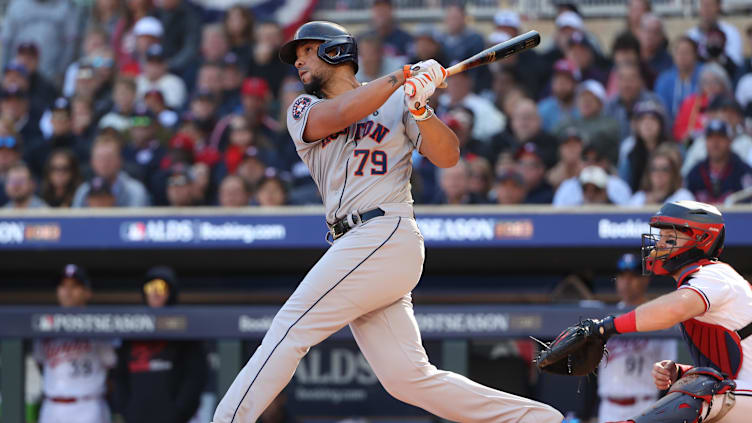 Oct 10, 2023; Minneapolis, Minnesota, USA;Houston Astros first baseman Jose Abreu (79) hits a