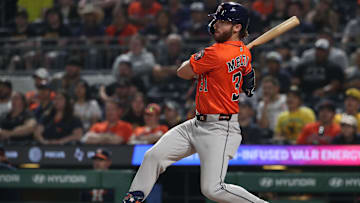 Jun 5, 2025; Pittsburgh, Pennsylvania, USA;  Houston Astros left fielder outfielder Jacob Melton (31) hits a two run single against the Pittsburgh Pirates during the fourth inning at PNC Park.
