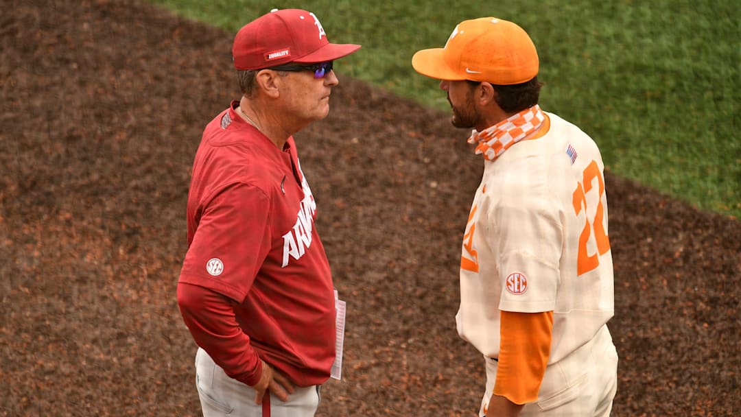 Tennessee Baseball Coach Tony Vitello exchanges words with Arkansas Baseball Coach Dave Van Horn after Arkansas 3-2 win in their NCAA baseball game in Knoxville, Tenn. on Sunday, May 16, 2021.

Kns Vols Arkansas Basebal
