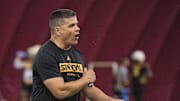 Defensive coordinator Brian Ward instructs his players during ASU fall camp practice on Aug. 2, 2024, at Verde Dickey Dome in Tempe.