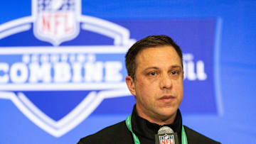 Feb 27, 2024; Indianapolis, IN, USA; Kansas City Chiefs General Manager Brett Veach talks to the media at the 2024 NFL Combine at Indiana Convention Center. Mandatory Credit: Trevor Ruszkowski-Imagn Images