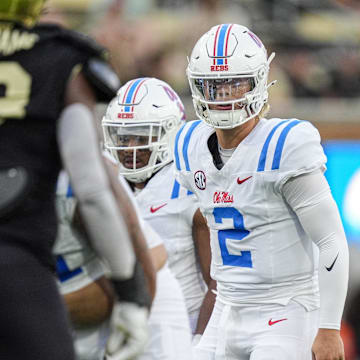 Sep 14, 2024; Winston-Salem, North Carolina, USA;  Mississippi Rebels quarterback Jaxson Dart (2) looks over the Wake Forest Demon Deacons defense during the first half at Allegacy Federal Credit Union Stadium. Mandatory Credit: Jim Dedmon-Imagn Images