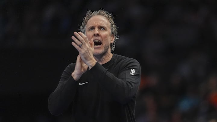 Jan 24, 2026; Charlotte, North Carolina, USA; Washington Wizards Head Coach Brian Keefe reacts during the second half against the Charlotte Hornets at the Spectrum Center. Mandatory Credit: Jim Dedmon-Imagn Images