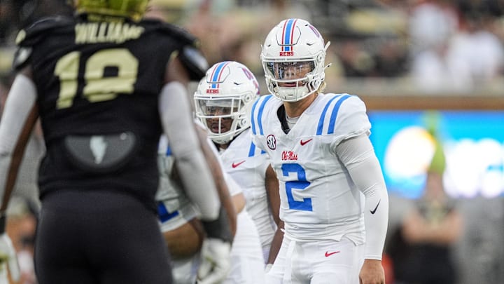 Sep 14, 2024; Winston-Salem, North Carolina, USA;  Mississippi Rebels quarterback Jaxson Dart (2) looks over the Wake Forest Demon Deacons defense during the first half at Allegacy Federal Credit Union Stadium. Mandatory Credit: Jim Dedmon-Imagn Images