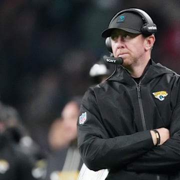 Oct 19, 2025; London, United Kingdom; Jacksonville Jaguars head coach Liam Coen looks on during the second half of an NFL International Series game at Wembley Stadium. Mandatory Credit: Kirby Lee-Imagn Images