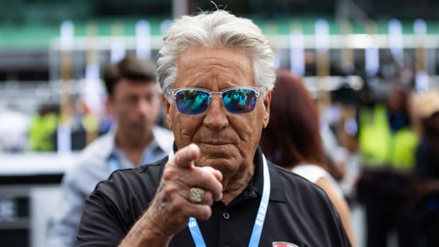 May 28, 2023; Indianapolis, Indiana, USA; IndyCar Series former driver Mario Andretti reacts prior