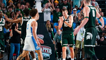 The Michigan State Spartans compete against the North Carolina Tar Heels in the Fort Myers Tip-Off Beach Division game at Suncoast Credit Union Arena on Fort Myers, Fla., on Thursday, Nov. 27, 2025.