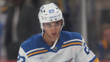 Oct 27, 2025; Pittsburgh, Pennsylvania, USA;  St. Louis Blues defenseman Logan Mailloux (23) warms up against the Pittsburgh Penguins at PPG Paints Arena. Mandatory Credit: Charles LeClaire-Imagn Images
