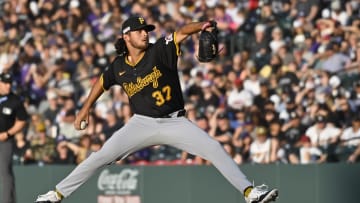 Jun 15, 2024; Denver, Colorado, USA; Pittsburgh Pirates pitcher Jared Jones (37) delivers a pitch in the third inning against the Colorado Rockies at Coors Field. Mandatory Credit: John Leyba-USA TODAY Sports