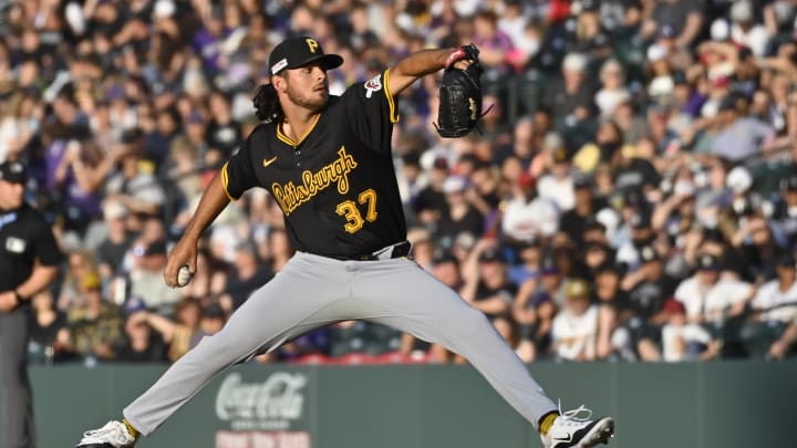 Jun 15, 2024; Denver, Colorado, USA; Pittsburgh Pirates pitcher Jared Jones (37) delivers a pitch in the third inning against the Colorado Rockies at Coors Field. Mandatory Credit: John Leyba-USA TODAY Sports
