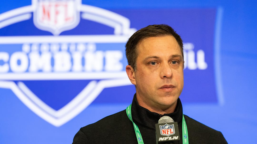 Feb 27, 2024; Indianapolis, IN, USA; Kansas City Chiefs General Manager Brett Veach talks to the media at the 2024 NFL Combine at Indiana Convention Center. Mandatory Credit: Trevor Ruszkowski-Imagn Images