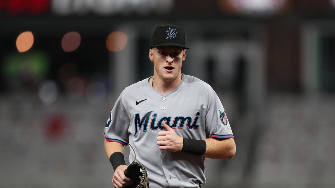 Apr 14, 2026; Cumberland, Georgia, USA; Miami Marlins right fielder Owen Caissie (17) runs to the dugout against the Atlanta Braves in the fourth inning at Truist Park. 