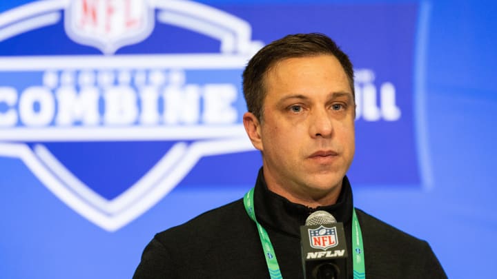 Feb 27, 2024; Indianapolis, IN, USA; Kansas City Chiefs General Manager Brett Veach talks to the media at the 2024 NFL Combine at Indiana Convention Center. Mandatory Credit: Trevor Ruszkowski-USA TODAY Sports