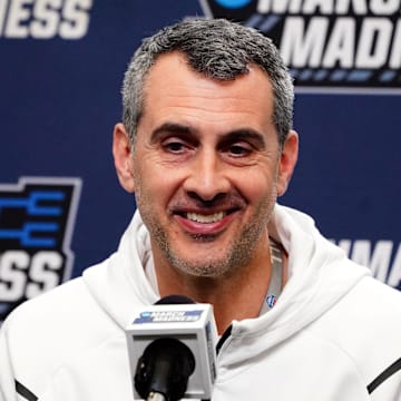 Mar 21, 2024; Memphis, TN, USA; Colgate Raiders head coach Matt Langel speaks with the media during a press conference for the First and Second rounds of the 2024 NCAA Mens Basketball Championship at FedExForum. Mandatory Credit: John David Mercer-Imagn Images