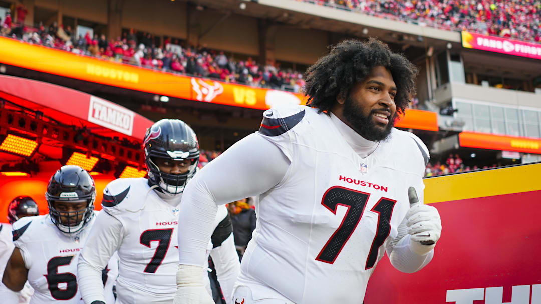 Jan 18, 2025; Kansas City, Missouri, USA; Houston Texans offensive tackle Tytus Howard (71) takes the field prior to a 2025 AFC divisional round game against the Kansas City Chiefs at GEHA Field at Arrowhead Stadium. Mandatory Credit: Jay Biggerstaff-Imagn Images
