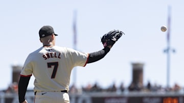 Sep 5, 2024; San Francisco, California, USA;  San Francisco Giants pitcher Blake Snell catches the ball during the first inning against the Arizona Diamondbacks at Oracle Park. 