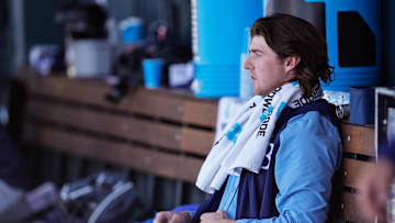 Apr 7, 2024; Denver, Colorado, USA; Tampa Bay Rays starting pitcher Ryan Pepiot (44) in the dugout in the second inning against the Colorado Rockies at Coors Field. Mandatory Credit: Isaiah J. Downing-Imagn Images