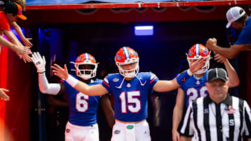 Florida Gators quarterback Graham Mertz (15) exits the locker tunnel during the season opener at Ben Hill Griffin Stadium in Gainesville, FL on Saturday, August 31, 2024 against the University of Miami Hurricanes in the first half. [Doug Engle/Gainesville Sun]