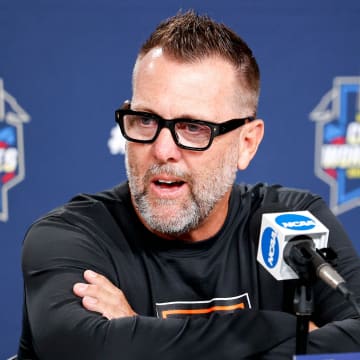 Oklahoma State head coach Kenny Gajewski speaks to the press during the practice and media day for the Women's College World Series at Devon Park in Oklahoma City, on Wednesday, May 29, 2024.