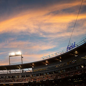The sun sets during game one of the NCAA College World Series finals between Tennessee and Texas A&M at Charles Schwab Field in Omaha, Neb., on Saturday, June 22, 2024.