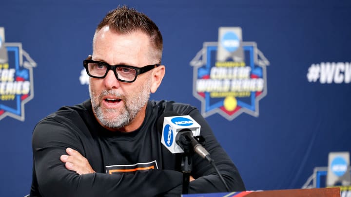Oklahoma State head coach Kenny Gajewski speaks to the press during the practice and media day for the Women's College World Series at Devon Park in Oklahoma City, on Wednesday, May 29, 2024.