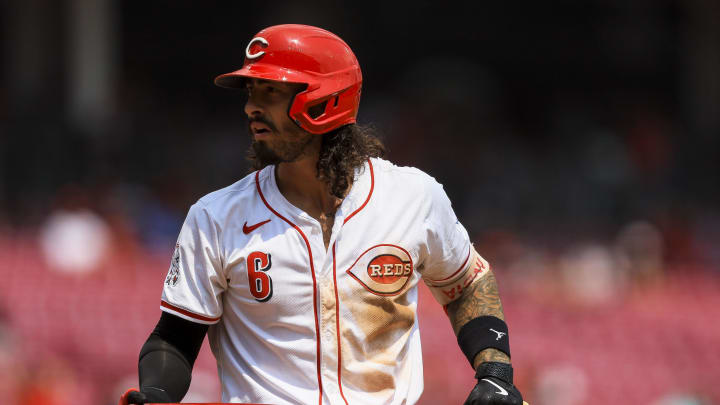 Aug 4, 2024; Cincinnati, Ohio, USA; Cincinnati Reds second baseman Jonathan India (6) reacts after striking out in the eighth inning against the San Francisco Giants at Great American Ball Park. Mandatory Credit: Katie Stratman-USA TODAY Sports