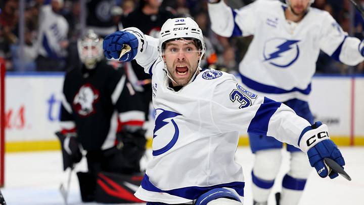 Mar 8, 2026; Buffalo, New York, USA; Tampa Bay Lightning left wing Brandon Hagel (38) reacts after scoring a goal during the third period against the Buffalo Sabres at KeyBank Center. Mandatory Credit: Timothy T. Ludwig-Imagn Images Mar 8, 2026; Buffalo, New York, USA; Tampa Bay Lightning left wing Brandon Hagel (38) reacts after scoring a goal during the third period against the Buffalo Sabres at KeyBank Center. Mandatory Credit: Timothy T. Ludwig-Imagn Images