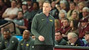 Mar 1, 2025; Starkville, Mississippi, USA; LSU Tigers head coach Matt McMahon looks on against the Mississippi State Bulldogs during the first half at Humphrey Coliseum. Mandatory Credit: Wesley Hale-Imagn Images