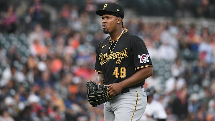 May 16, 2023; Detroit, Michigan, USA; Pittsburgh Pirates starting pitcher Luis Ortiz (48) reacts as