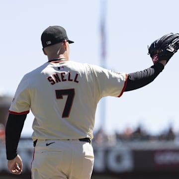 Sep 5, 2024; San Francisco, California, USA;  San Francisco Giants pitcher Blake Snell (7) catches the ball during the first inning against the Arizona Diamondbacks at Oracle Park.