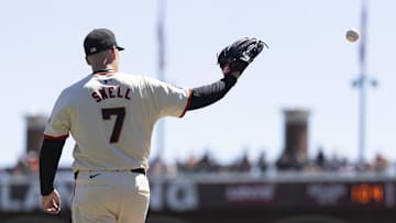Sep 5, 2024; San Francisco, California, USA;  San Francisco Giants pitcher Blake Snell (7) catches the ball during the first inning against the Arizona Diamondbacks at Oracle Park. Mandatory Credit: Stan Szeto-Imagn Images